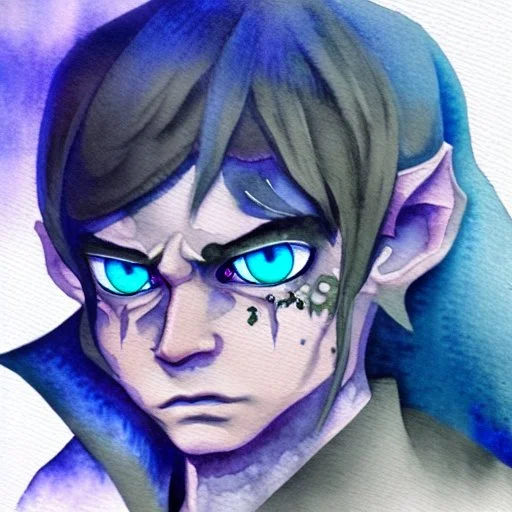 dnd, fantasy, watercolour, ilustration, halfling, artstation, ranger, infused with elemental powers of water, portrait, face, glowing blue eyes, angry, vicious