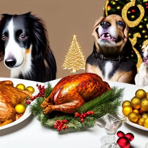 Dogs eating Christmas dinner with alien lion and floating ball, and exquisitely decorated turkey