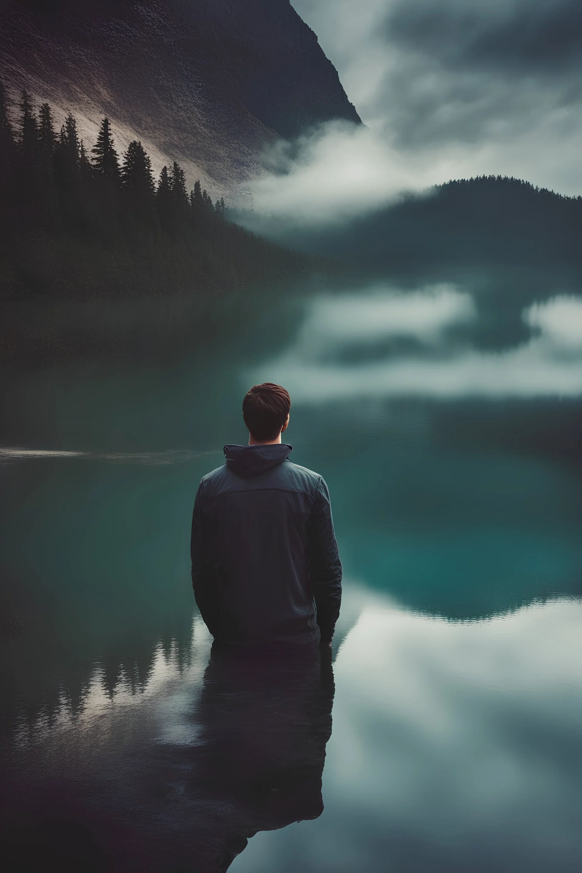 Young man looking out on a serene lake reflecting on his inner journey. What transformative message does the water reveal? futuristic