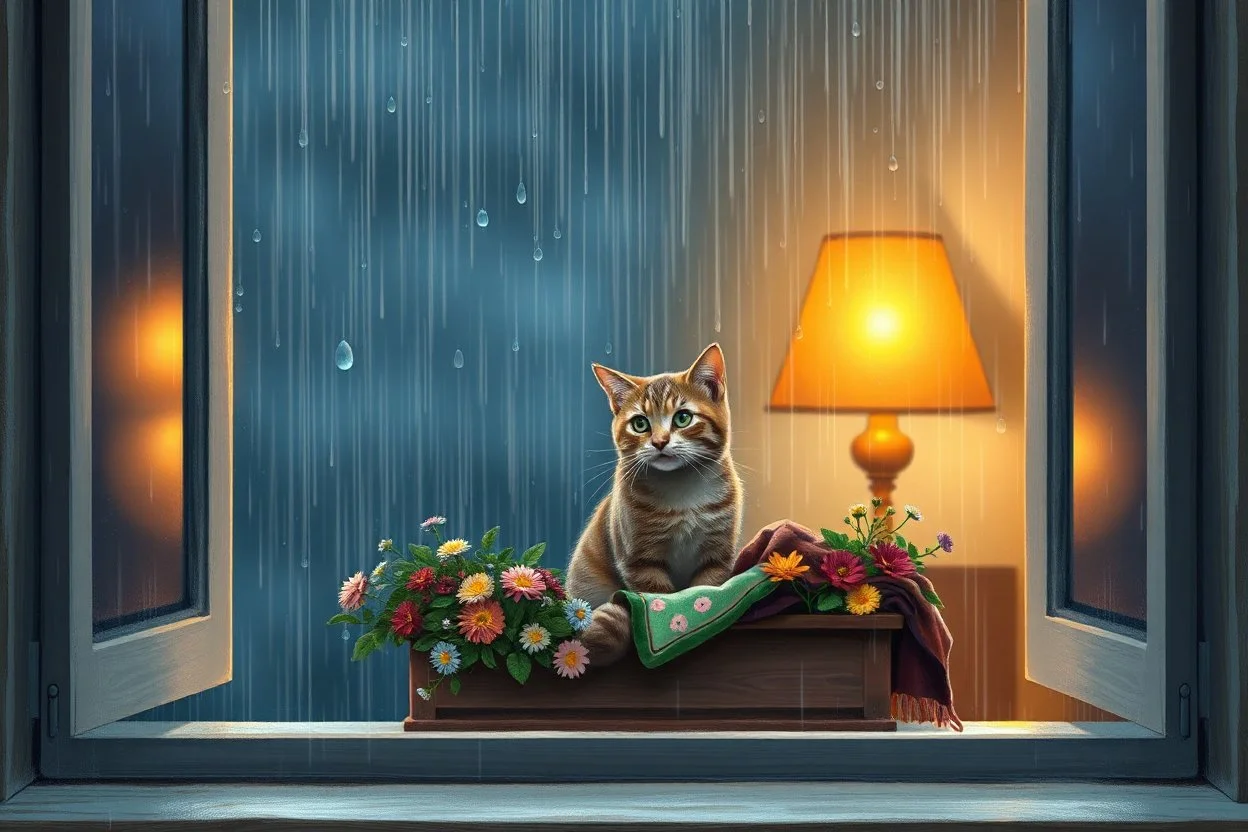 A wide, cinematic digital painting viewed from outside a large rain-covered window. A cat sits inside on a broad windowsill, nestled in a flower-filled planter box and partially wrapped in a colorful blanket. Raindrops streak and bead on the glass, some shaped like delicate teardrops. The cat gazes out with calm curiosity. Behind it, warm candlelight or a soft amber lamp glows, casting golden light on the cat’s fur. The wide window frame allows space on either side, creating a peaceful, balanced