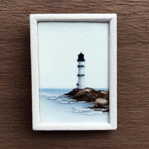 tiny oil painting of tiny lighthouse, plain white background, solid white background, tiny white canvas, tiny white frame, plain white wall, melancholy, tender, moody, vintage, delicate arrangement, beautiful composition, etsy, aesthetic layout, plain solid white background