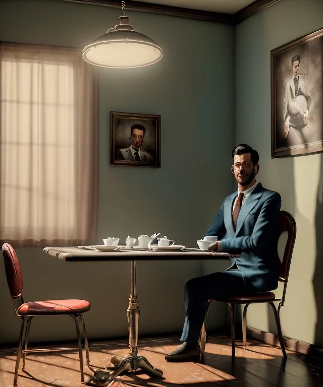 Ultra realistic photographic portrait, elegant Marcello Mastroianni man sitting with arms resting on Italian kitchen table, pretty tortellini dish, retro dress by 1960, suit, classic style decoration, cold, soft color, highly detailed, unreal engine 5, ray tracing, RTX, lumen lighting, ultra detail, volumetric lighting, high definition.