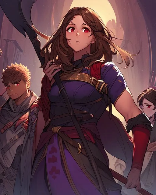 Wide brown hair, freckles on her face, a tall girl, has a battle axe, wears purple and black men's battle clothes, red eyes with bangs covering her eyesWide brown hair, freckles on her face, a tall girl, has a battle axe, wears purple and black men's battle clothes, red eyes with bangs covering her eyes, he smiles in a way that shows that he is very cool, he has sharp teeth like a shark but not like a