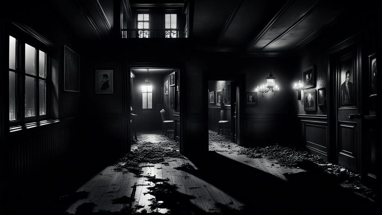 How could someone living on the second floor understand the misery of the one on the ground floor? high contrast, detailed, dark , noir, thriller, deep dark colors, gloomy, cinematic