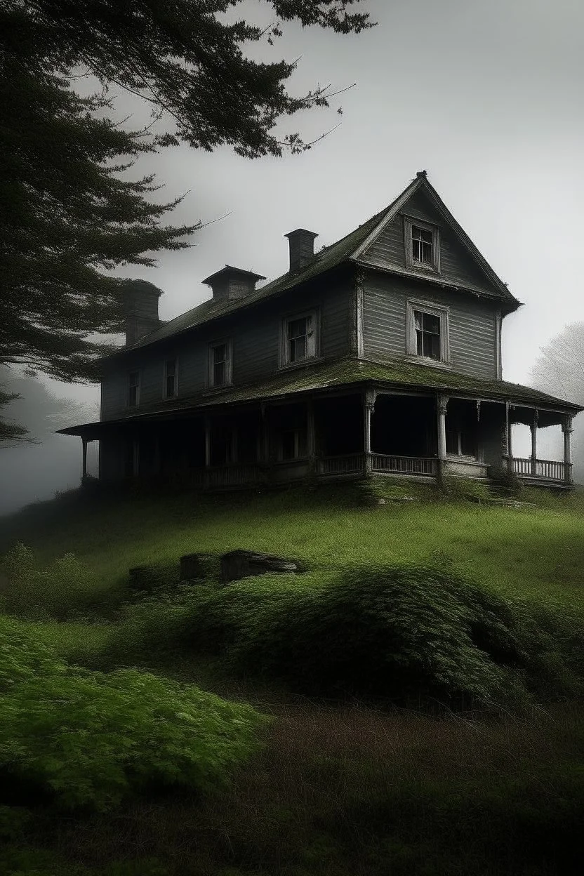 photo lugubre d'une vielle maison hanté au bord d'une forêt avec une brume omniprésente.