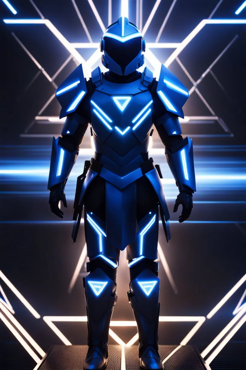 neon blue, floating parts of armor in form triangle of light orbiting behind the back, cyber armor, geometric patterns on armor, male, orbiting triangle