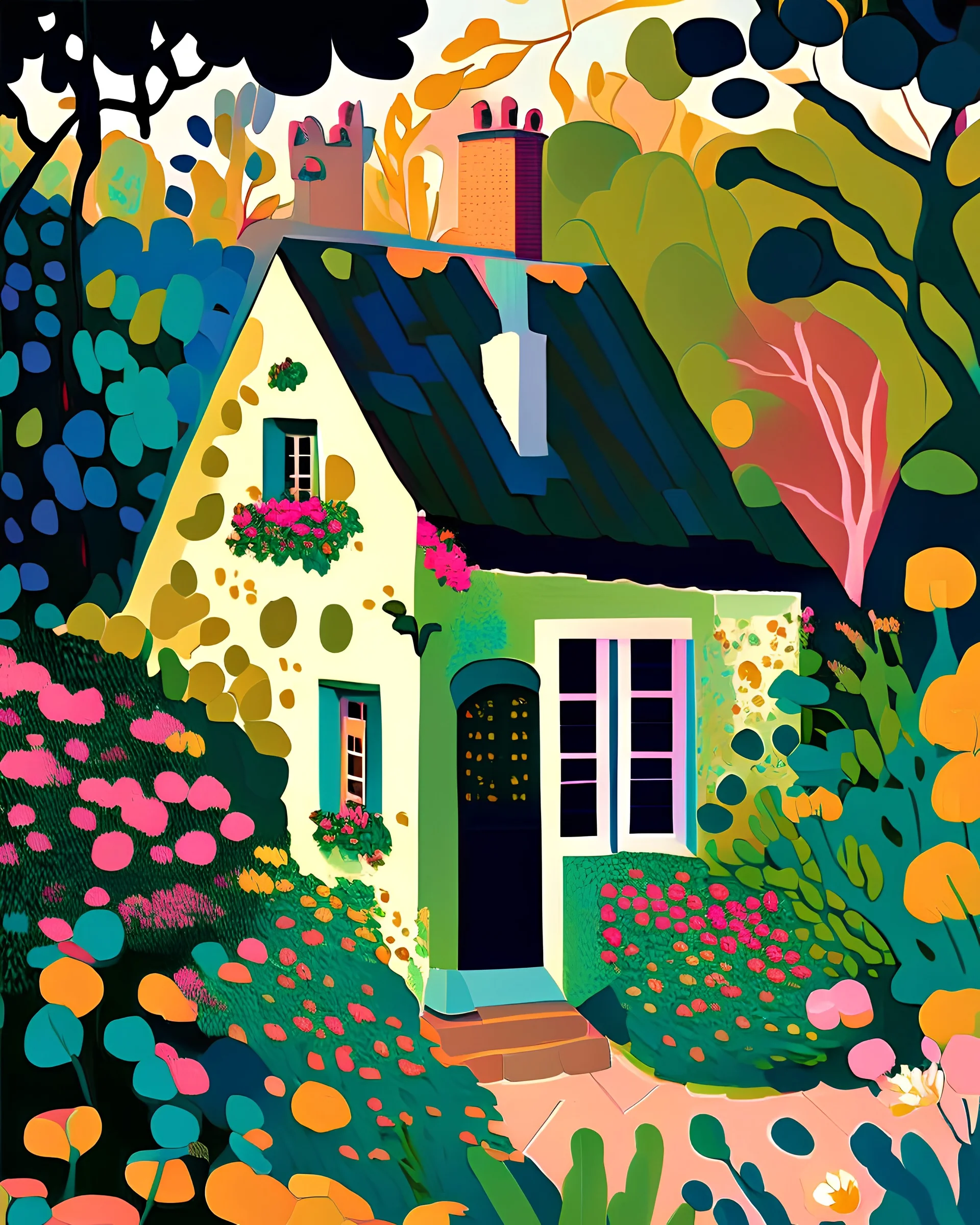 A charming depiction of a cozy, inviting cottage, nestled in a lush garden filled with blooming flowers and verdant foliage, in the style of fauvism, bold color palette, simplified forms, and a sense of warmth and comfort, influenced by the works of Henri Matisse and André Derain, evoking feelings of happiness and contentment.