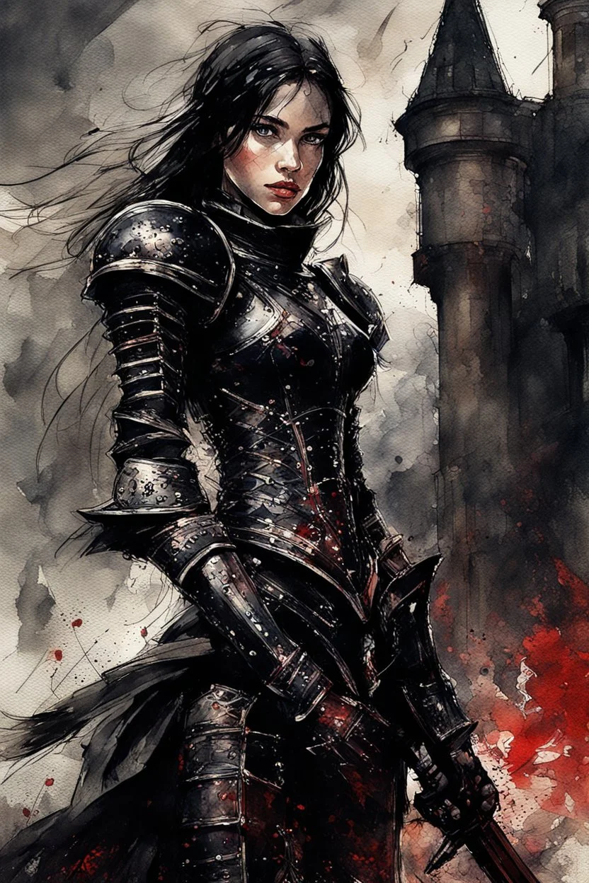 a young black-haired girl in medieval black armor on the castle grounds, watercolor, dark fantasy, bad weather, gloomy day, dark world, sketch art, fine lines, grunge, sensual, darkness, by Raymond Swanland & Alyssa Monks & Anna Razumovskaya