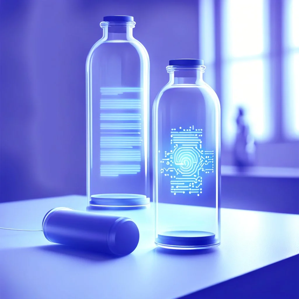 A digital message in a glass bottle. The message is the creation of artificial intelligence.