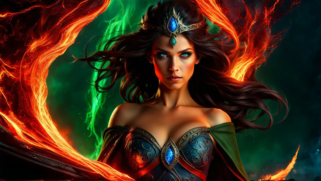 Armageddon. ragnarok. molten lava. 18 year old female sorcerer. fantastic beautiful magical green eyes. blue fire. red sparks. exquisite realism, a masterpiece, fantasy concept art, dynamic lighting, hyperdetailed, intricately detailed, deep color, Unreal Engine, volumetric lighting , Epic cinematic brilliant stunning intricate meticulously detailed dramatic atmospheric maximal,