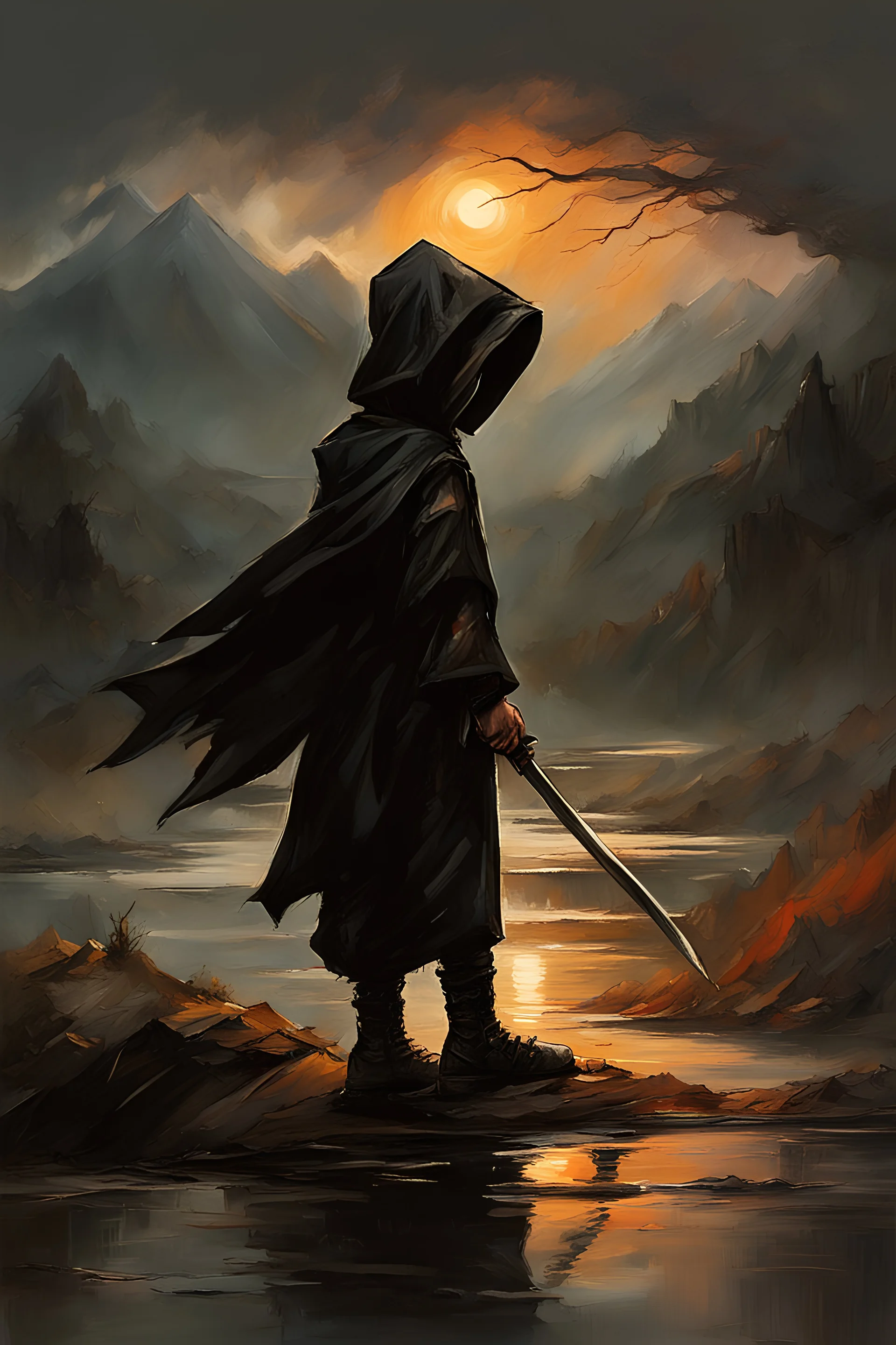 A formidable warrior-a 10-year-old boy in a black robe with a hood, on the background Amazing gloomy landscape, flooded with sunset, mountains, trees, fabulous scary hero, , juicy emotions, painting, dark fantasy, bad weather, gloomy day, dark world, by Raymond Swanland & Alyssa Monks & Anna Razumovskaya & James Paick