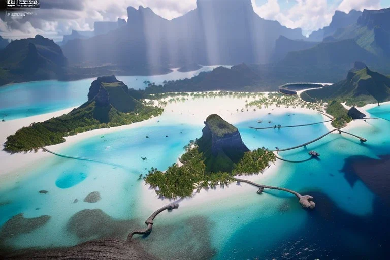 Extreme long shot, Birds Eye view, bora bora landscape, smooth, god rays, unreal engine 5, ray tracing, RTX, lumen lighting, ultra detail, volumetric lighting