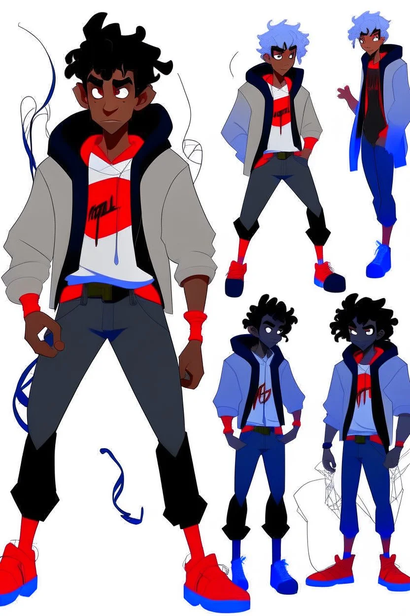 Spiderman into the spider verse tarzı bir erkek karakter kıvırcık ve beyaz daha detaylı