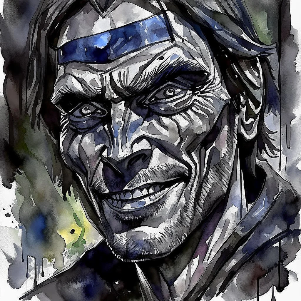dnd, fantasy, watercolour, large strokes, stylistic, portrait, face in frame fully, illustration, very dull black grey colours, male, face, sturdy wide face, weathered face, sly, violent, evil, ruthless, vicious, smiling