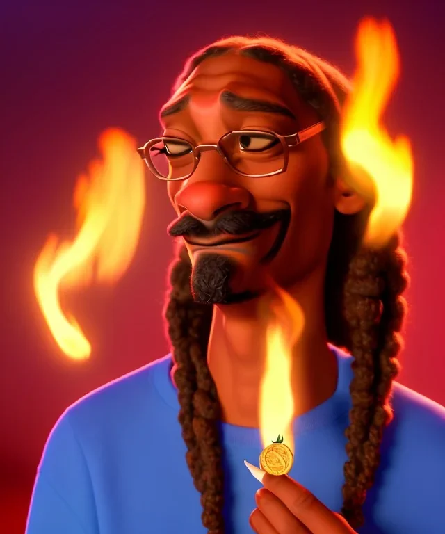 Snoop Dogg, burning cigar with dollars, hyper realistic, leaf background