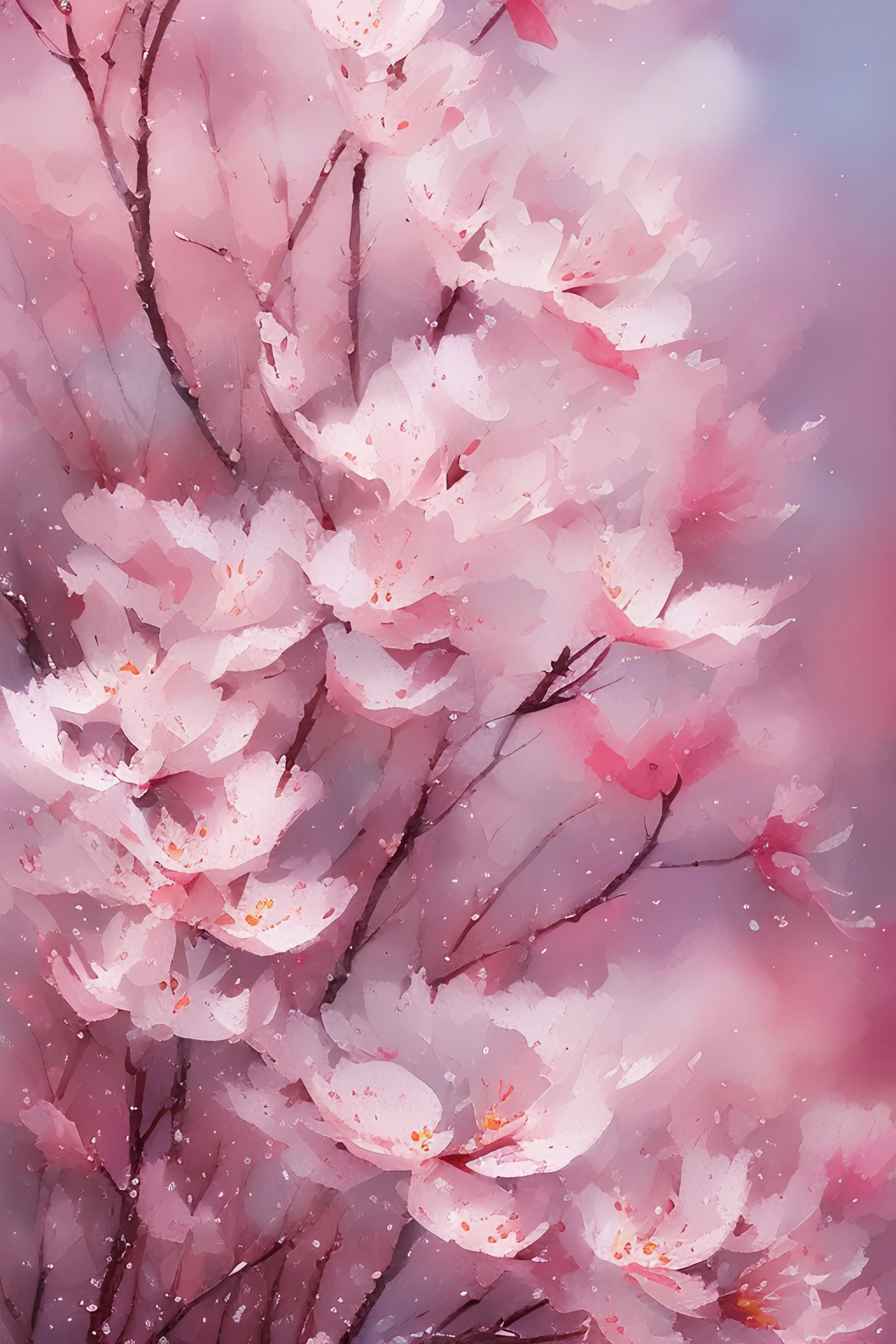 Watercolor, abstract, impressionist, not much detail patterns: Explore the delicacy of cherry blossoms in a soft palette of pinks and whites, the brushstrokes creating a sense of movement and delicateness, transporting colorists to a tranquil springtime setting.