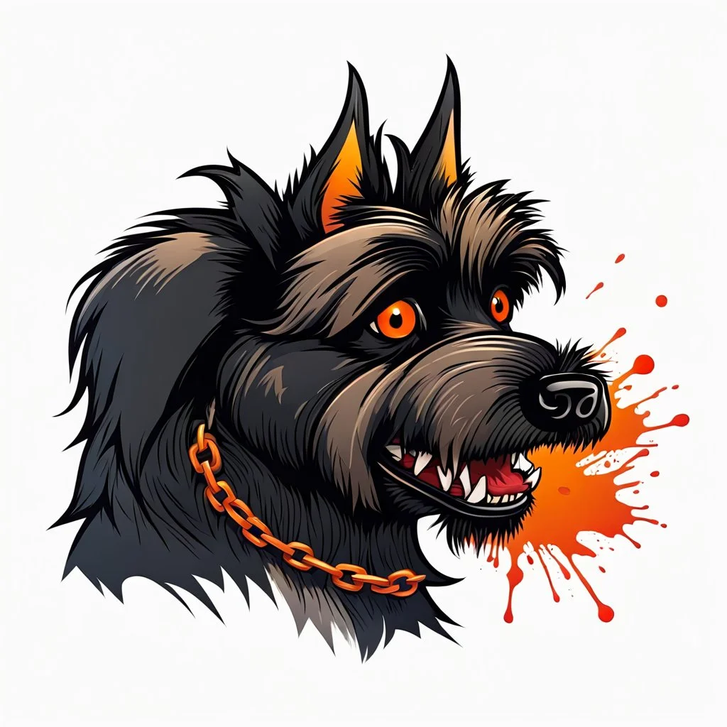 head of angry Scottish Terrier dog, facing viewers left, with blood shot eyes and bloodied teeth and bushy fur, an orange color chain collar around neck, vector