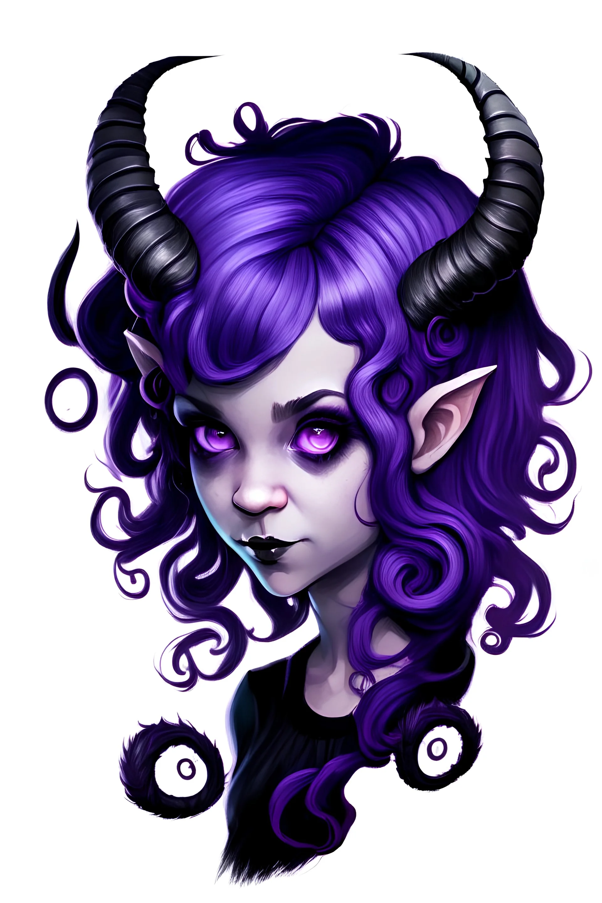 A girl with violet colored hair with black swirly horns
