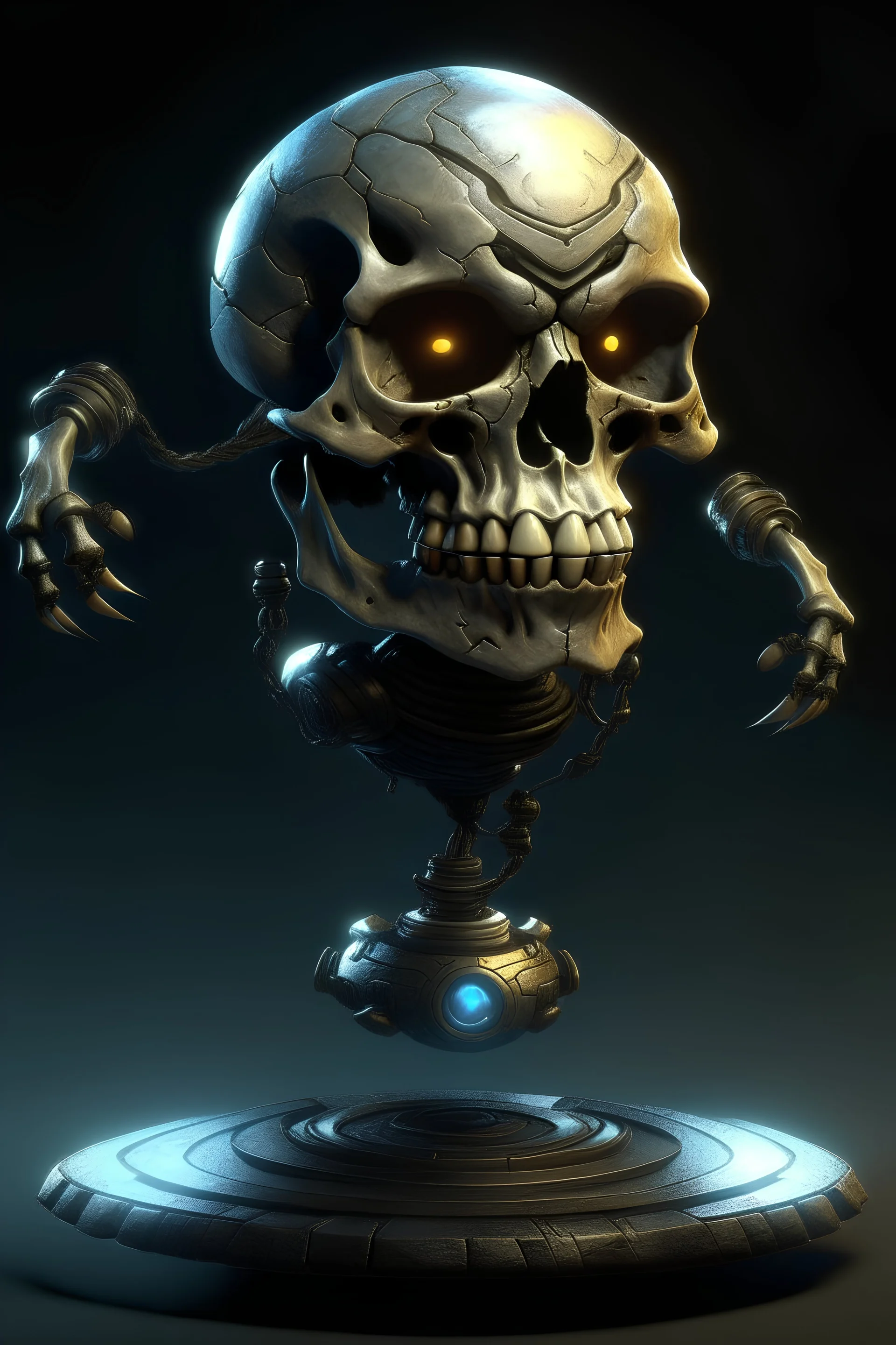Ce Golem est un Étrange crâne métallique lévitant et parlant. Il flotte dans les airs, stabilisée par un anneau de gyrolasers. La surface de la du crane metallique est gravée de glyphes cabalistiques et de motifs ésotériques.