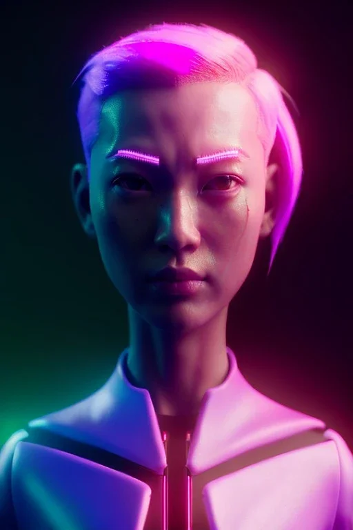 Medium shot body portrait, Asian cyborg woman :: symmetry photography, cyberpunk, pink hair, makeup, long line eye, light iris, :: latex coat, wires and circuits, pink, white, black :: cinematic, Ultra realistic, dark scene, soft color, highly detailed, unreal engine 5, RTX, ultra detail, 3d, finely drawn, high definition.