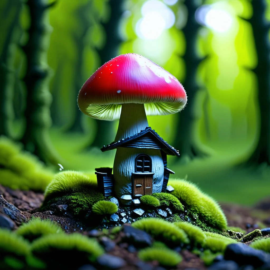 "Close up of a wonderful tiny Mushroom Tower home. Red and green with bright white, deep black and contrasting tones of gray magenta and violet colors. Illuminated bioluminescent forest. Professional painter, master at composition. small but detailed. broken, blurred background, voluminous lighting"