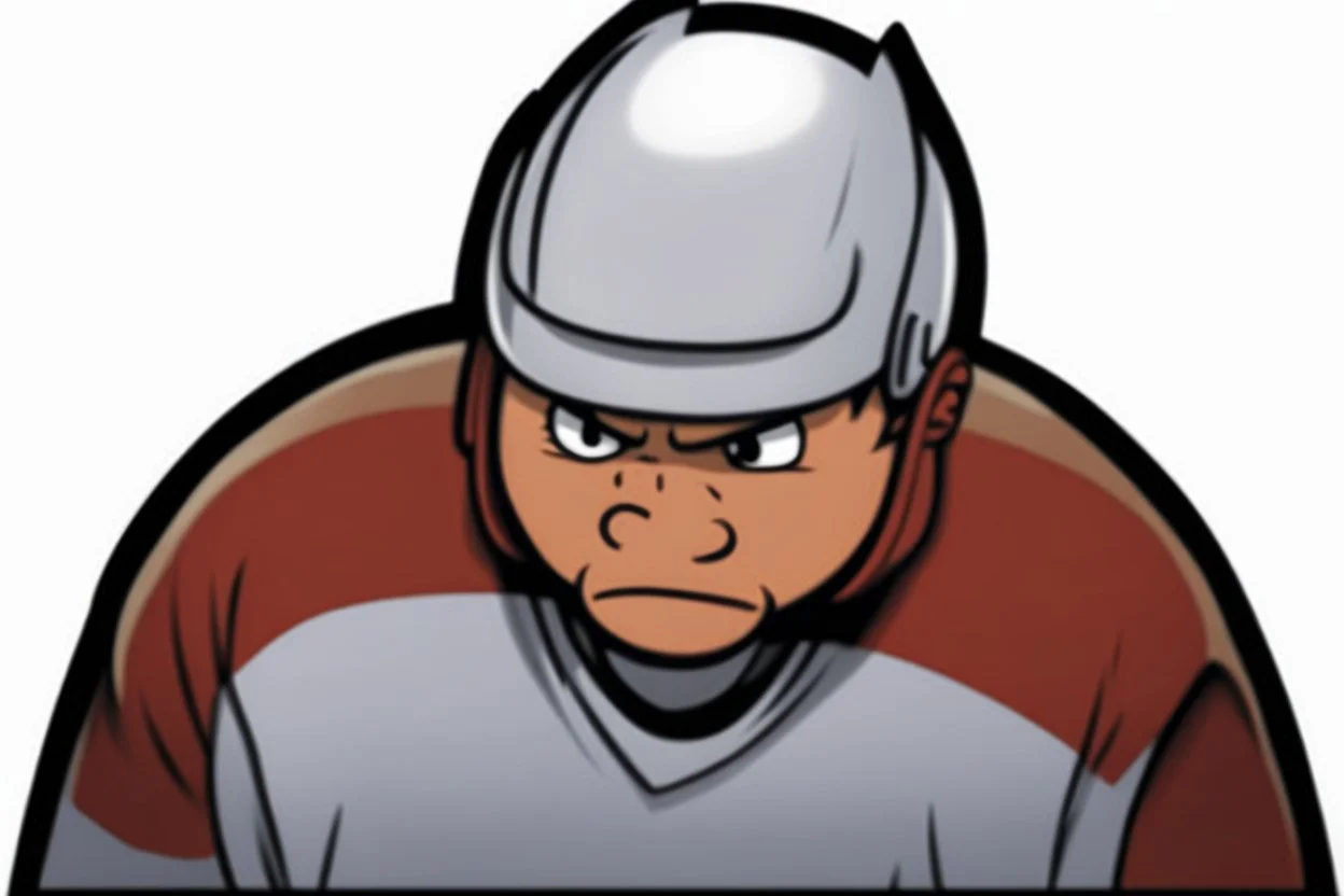 Calvin and Hobbs cartoon of an angry pouting with head down wearing a hockey helmet, vector line art cartoon