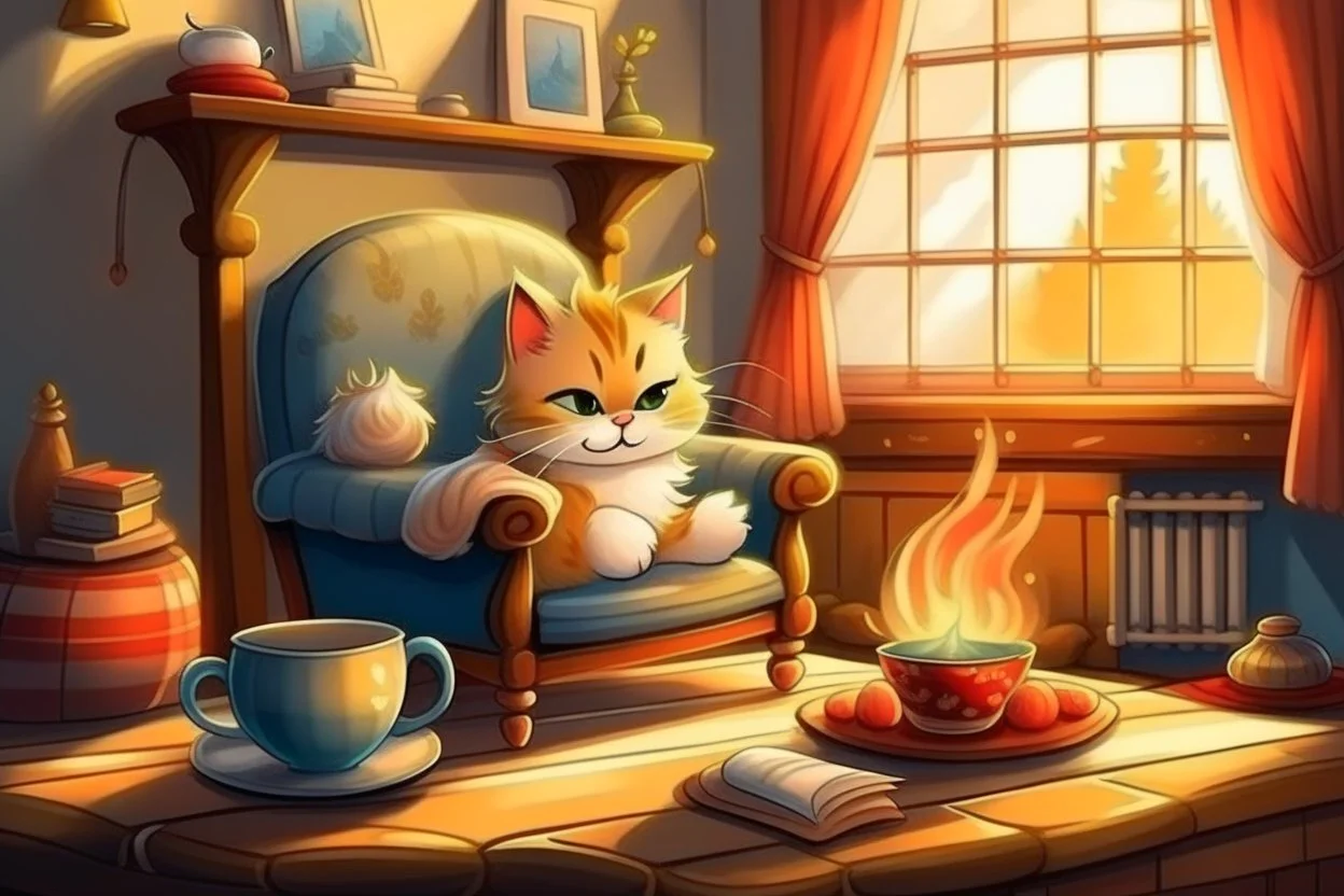 cute fluffy chibi cat reads sitting in a big soft armchair, covered with a plaid blanket, a teapot and steaming tea on a small table next to her, in sunlight. The fire in the fireplace is blazing.