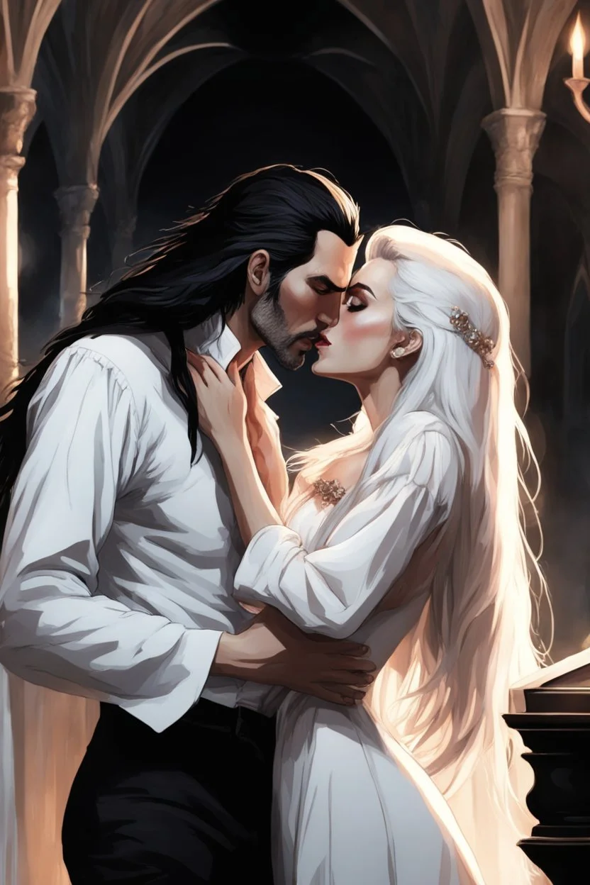 Strahd Von Zarovich being kissed by a beautiful woman with white hair, wearing an off the shoulder dress. Settling and background are a lavish toomb with an ebony coffin. Remove facial hair.