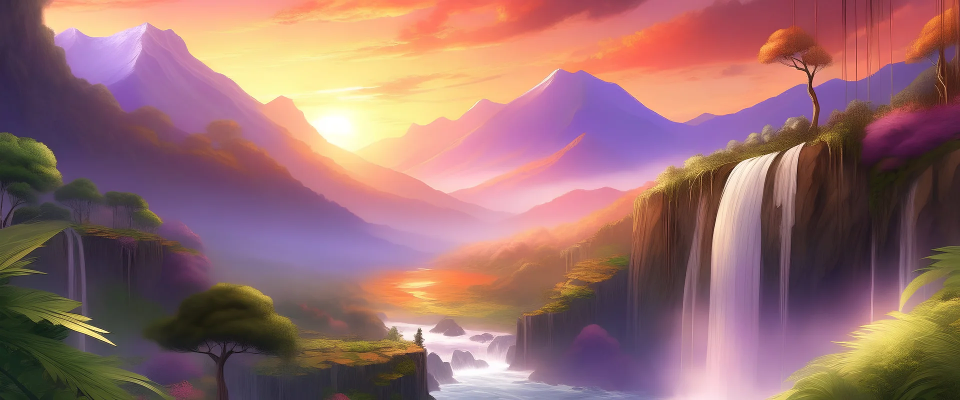 A photorealistic image of a hidden waterfall cascading through a lush rainforest, sunlight filtering through the leavesA wide-angle panoramic shot of a snow-capped mountain range at sunrise, with vibrant purple and orange hues in the sky.
