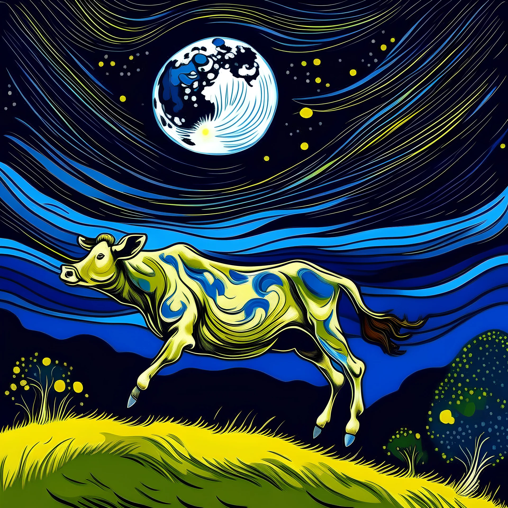 UNA VACA SALTANDO EN LA LLANURA PAMPEANA BAJO UNA LUNA BRILLANTE AL ESTILO DE VAN GOHOG