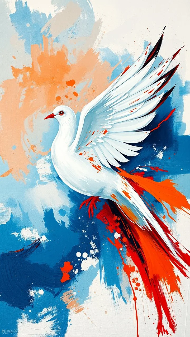 abstract painting of a white dove in bold red, orange, and blue tones, dynamic brush strokes, ocean background hinted through color layers, expressive and elegant modern art, oil paint texture, --ar 4:5 --v 6 --style raw --quality 2