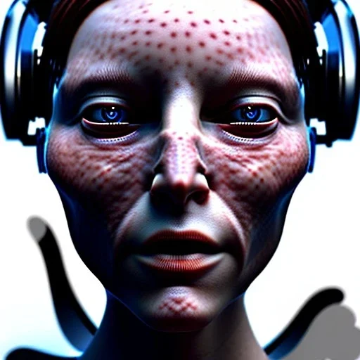 mother, close-up head, cyberpunk, realistisch, light, ray-tracing, view from left, plastic skin