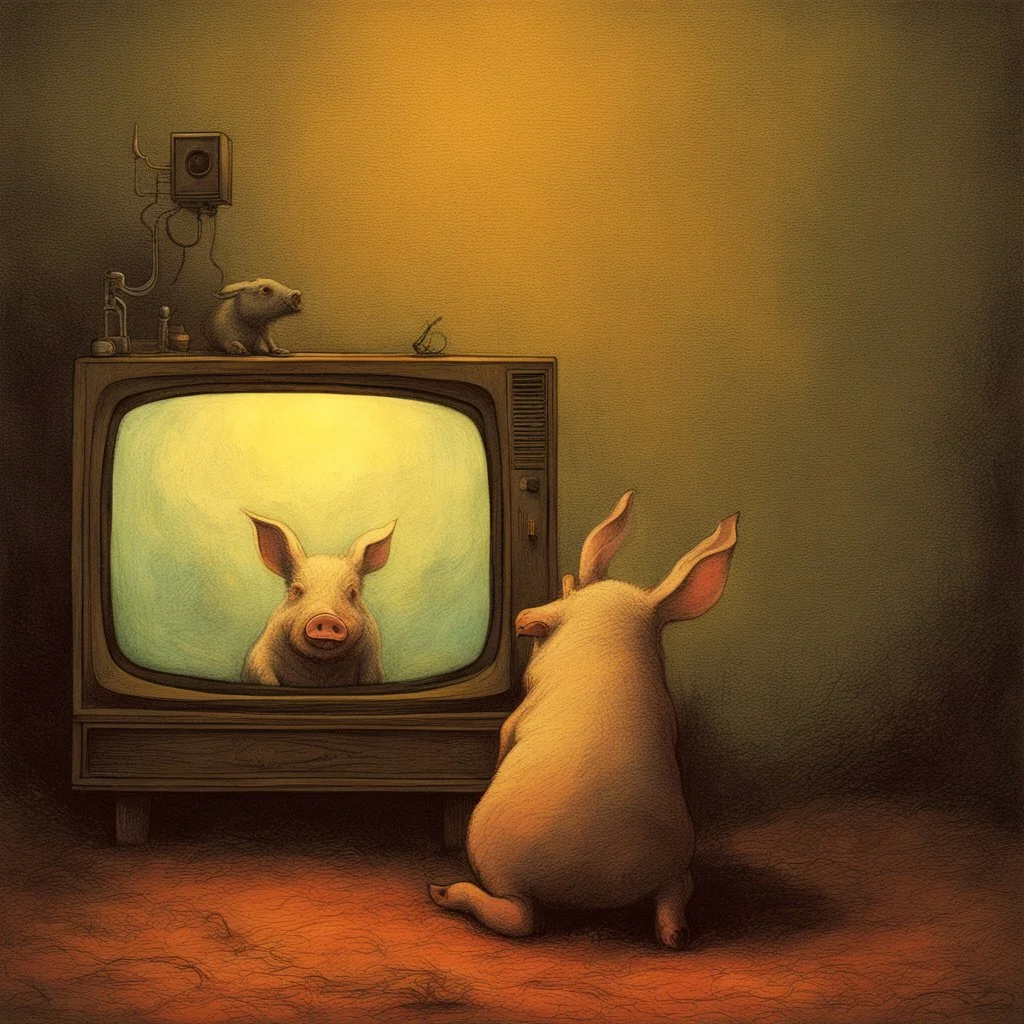 pig watching a tv with a rabbit playing music beksinski style