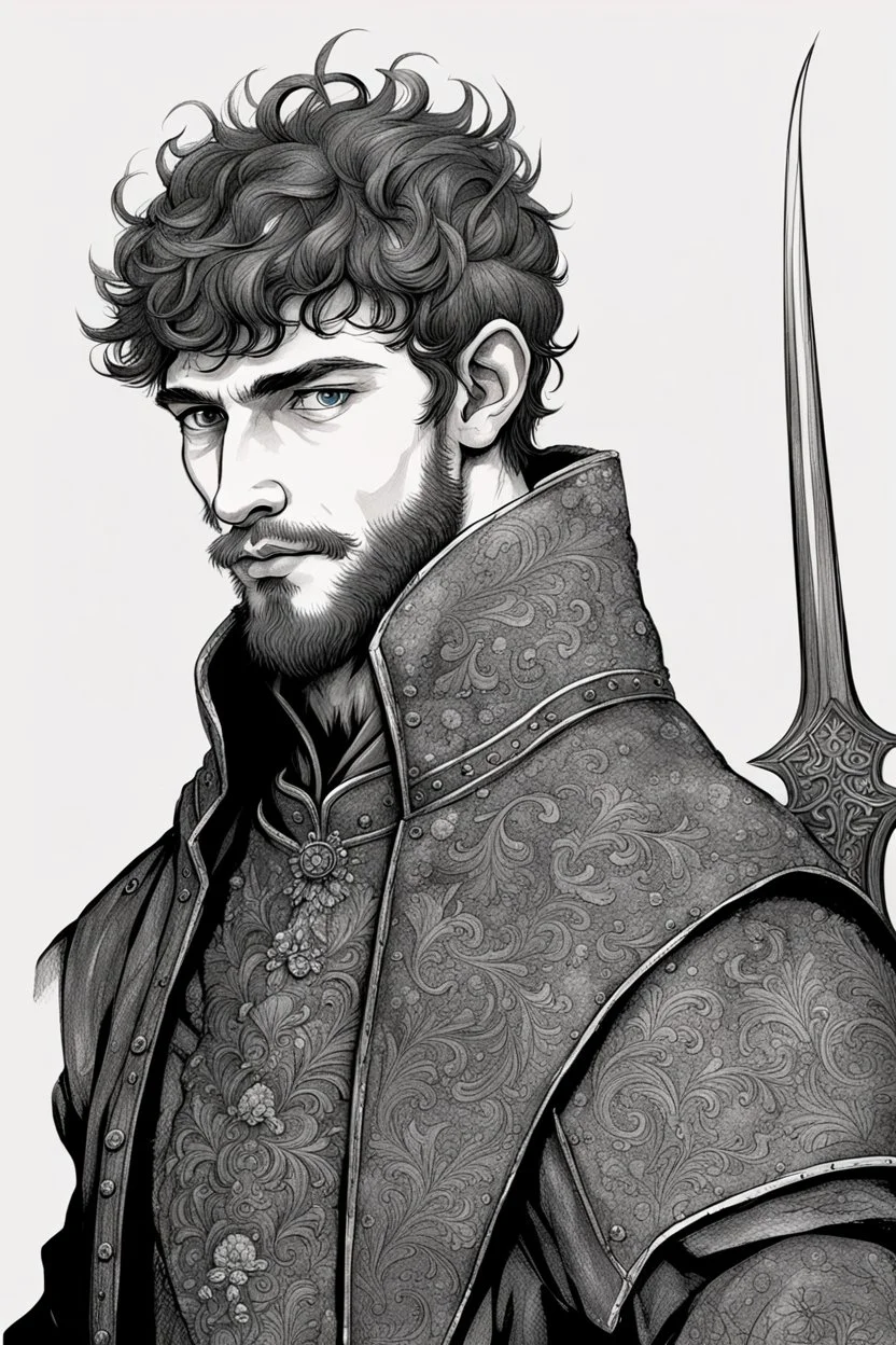 man, age 20, medieval, fighter, russian, croocked nose, czar, rich, simple clothes, short messy hair, thick beard, oligarch, leather coat with fur, brocade clothes, pencil drawing, black or red hair