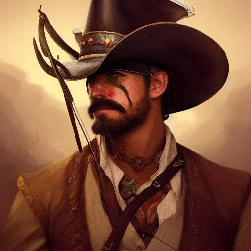 portrait,"Insanely detailed photograph of a eye patch male western mustachioed crossbowman", detailed charro and Sombrero, digital painting, cigar, artstation, concept art, sharp focus, illustration, art by artgerm and greg rutkowski and alphonse mucha, 8 k,fantasy, unreal engine