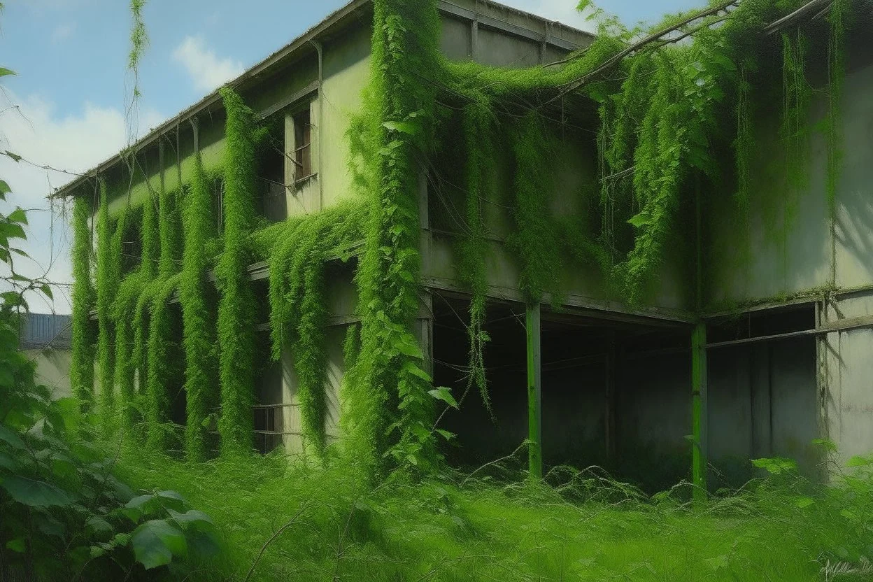 A green warehouse with overgrown vines painted by Frank Wilson