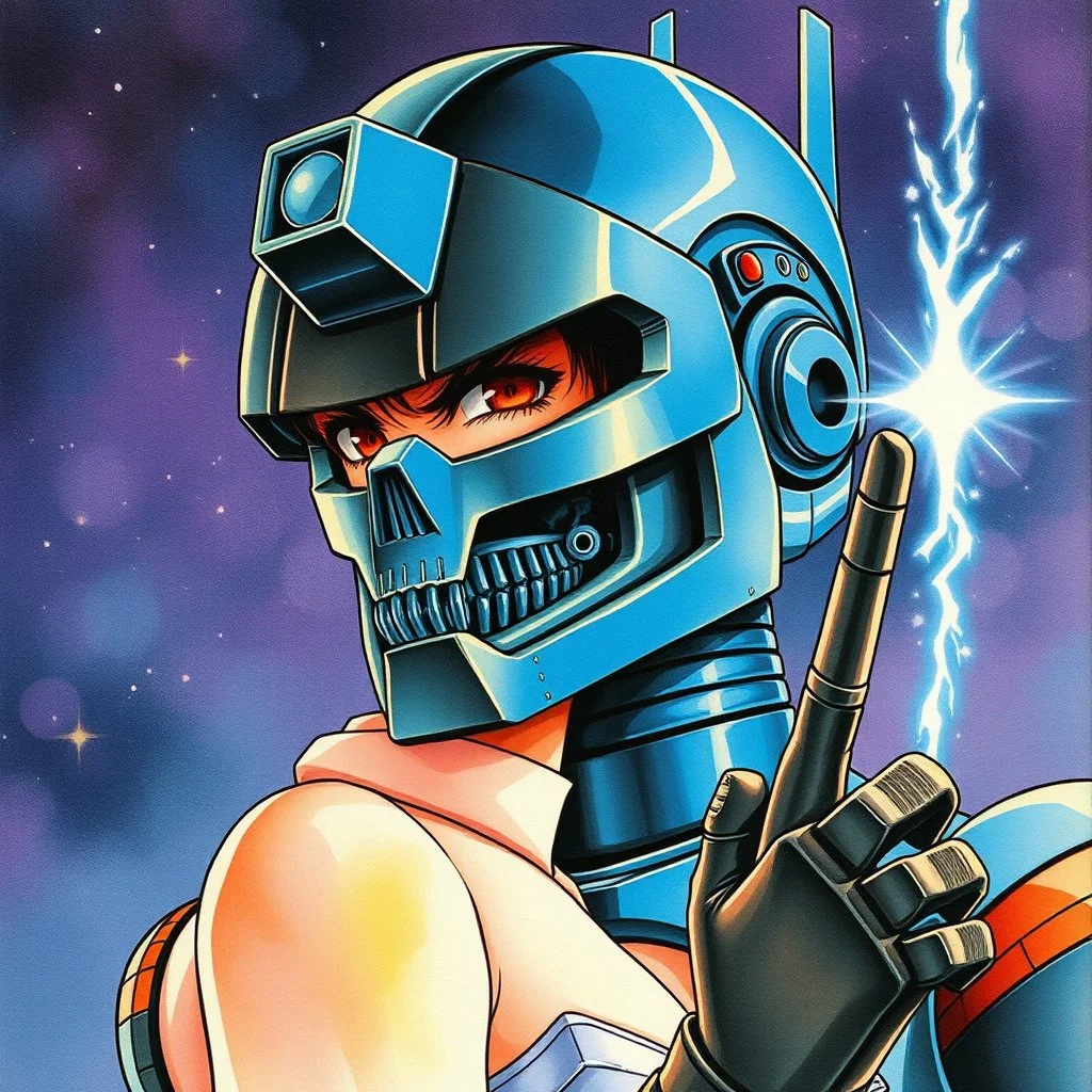 retro anime style, serious 1990s OVA anime style,Best quality, masterpiece, ultra high definition,Highly detailed 1 girl, retro anime style, full color, dark serious 1980s anime terminator like robot, moebius artist, magic, watercolor,
