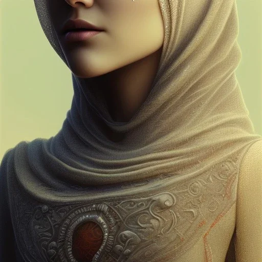 close up portrait of fog as woman in hijab, fine detail, highly intricate, modern surrealism painting, defined cracks and breaks, high-quality, volumetric lighting, 8k, ultrahd, George Grie, Marco Escobedo, Igor Morski,Brian Froud, Howard Lyon, Selina French, trees, flowers