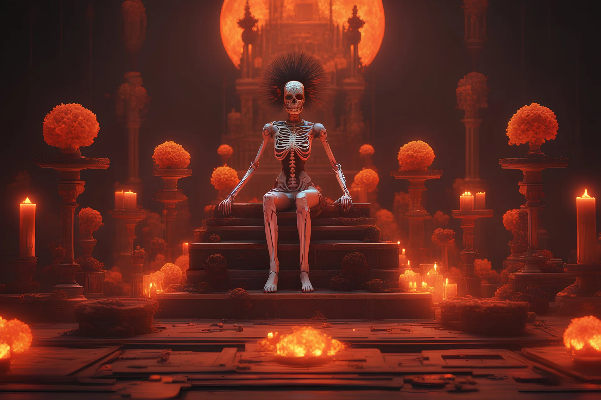 (ivory, orange, rd, black) Cyberpunk Day of the Dead 3D illustration of Altars are a very Mexican and Latin way of honoring those that have passed away, Cyberpunk glow glowing illustration neon artificial technology beauty cyber, smooth 3D digital art, exquisite 3D rendering, 4K, blender, c4d, octane rendering, 3D Disney style lighting, Zbrush sculpting, highly detailed realistic fabric, concept art, high detail Zbrush