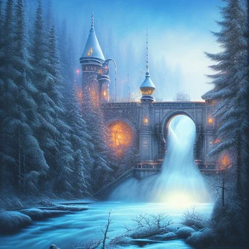 spray painted fantasy art, book illustration, close up on big wolf wizard,the stairs of a bridge or dam ,icy water, on the bridge,seen from the tree tops