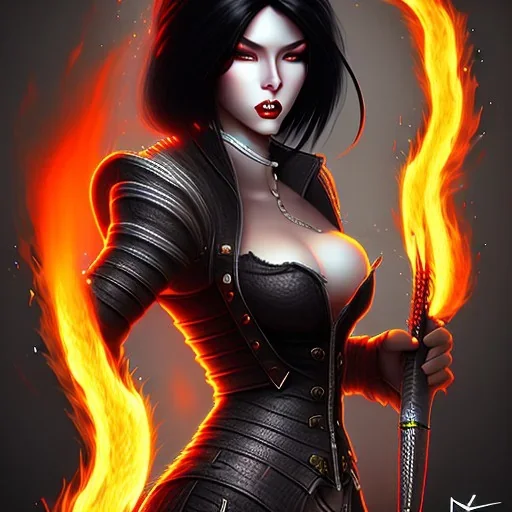 black hair lady hunter top with flames