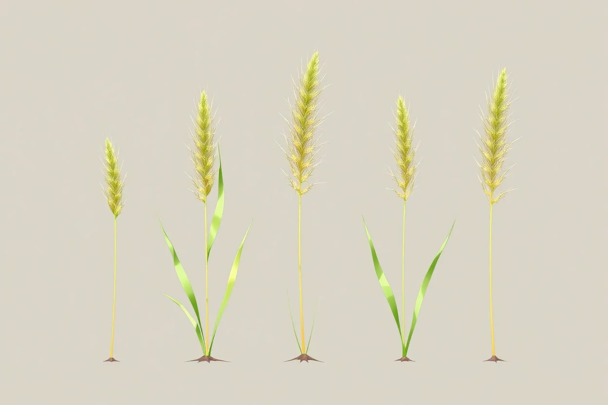 concept art of six low poly stylized alien dry single leaf tall grass on a neutral background. Strange fictional extraterrestrial flora with unusual shapes