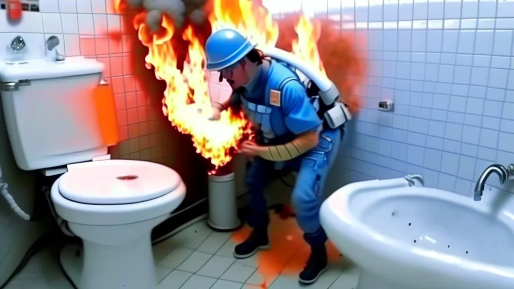 man sprays fire extinguisher all over toilet in the bathroom