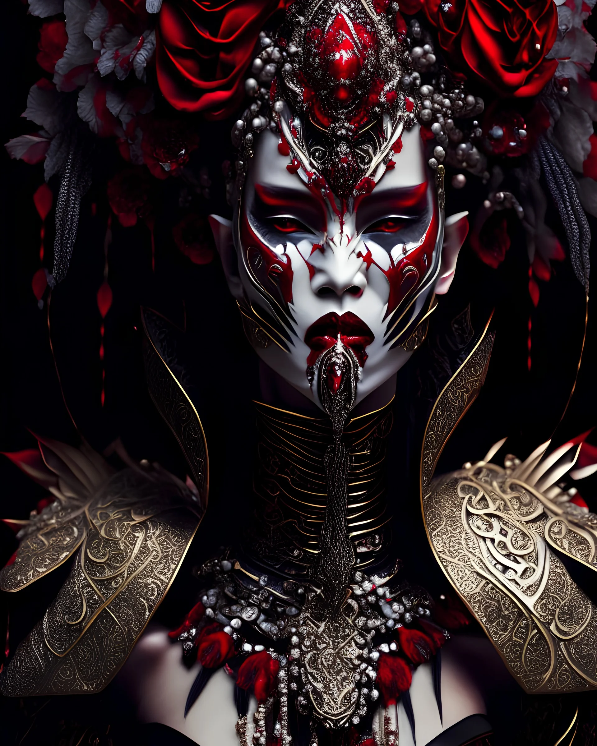 Voidcore shamanism woman portrait adorned with decadent rainy white samanism red and black gladiolus headdress wearing metallic irridescent bioluminescense red and vantablack and wite decadent filigree Golden floral embossed gladiolus dress armour ribbed with mineral stones wearing half face metallic rococo masque organic bio spinal ribbed detail of transculent metric pearl shell colour petals glittering Extremel detailed hyperrealistic maximálist concept portrait art