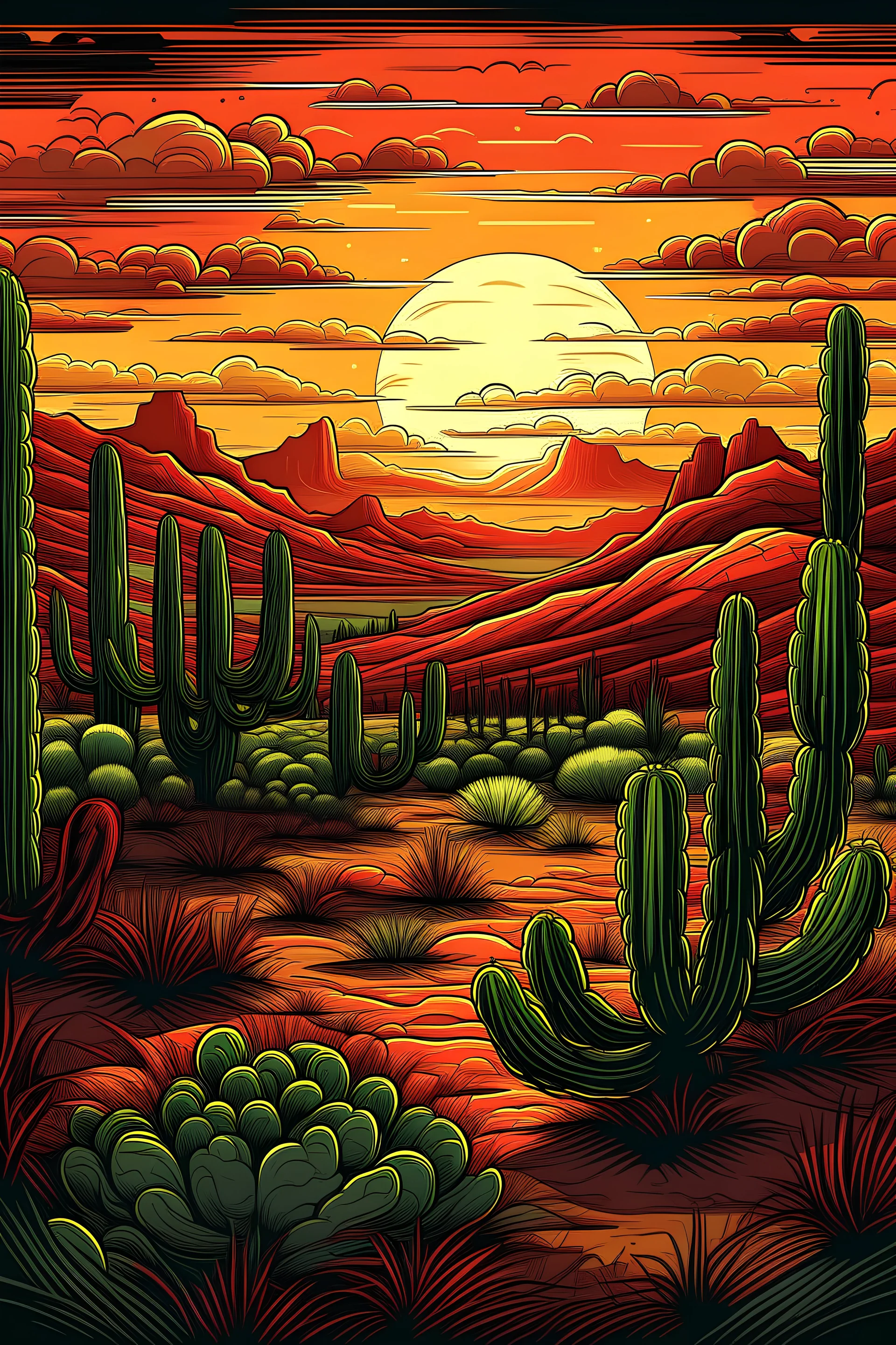 A sunset desert landscape illustration with a focus on cacti and mountains, featuring richly detailed backgrounds and brightly colored monochrome landscapes. The style is reminiscent of cowboy imagery and vibrant color fields, creating a romantic and realistic depiction of a desert at sunset.