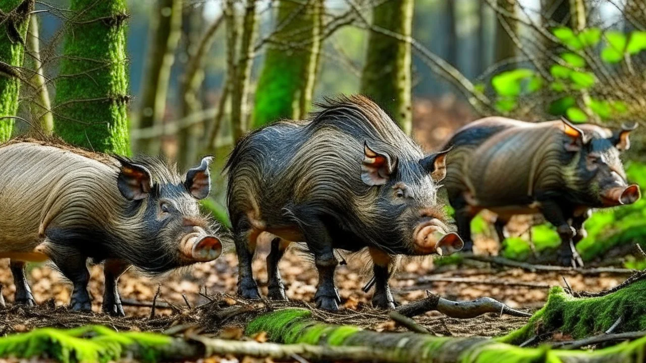 wild pigs with long tusks in woodland