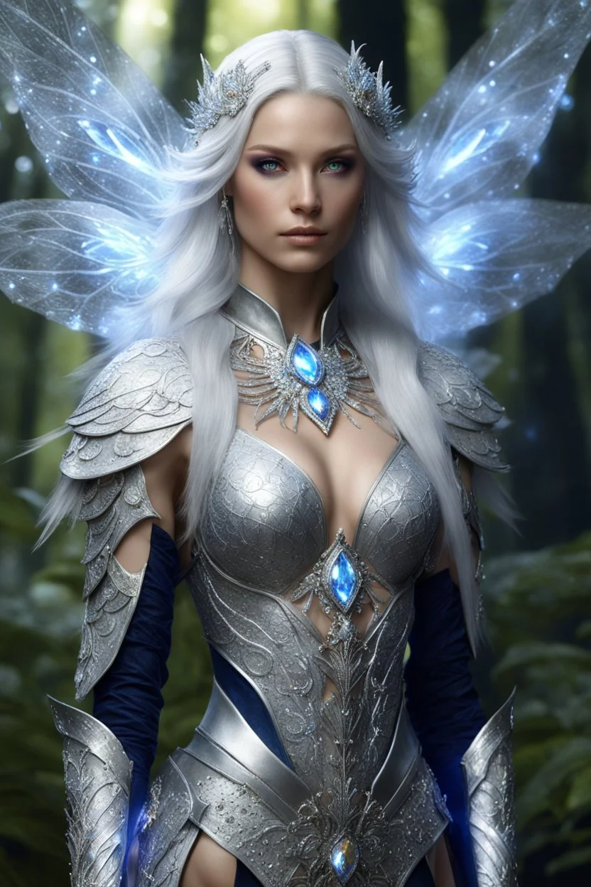 Full body Photography cinematic natural beauty,beautiful fairy princess skin caucasian female, detailed eyes, large bust, shoulder length platinum silver hair, glowing fractal embedded on royal armor, glowing diamonds jewellers light pattern cloth, high fantasy setting, wearing regal intricate leather with scattered glowing crystal, glowing part on clothing, midnight forest, portrait