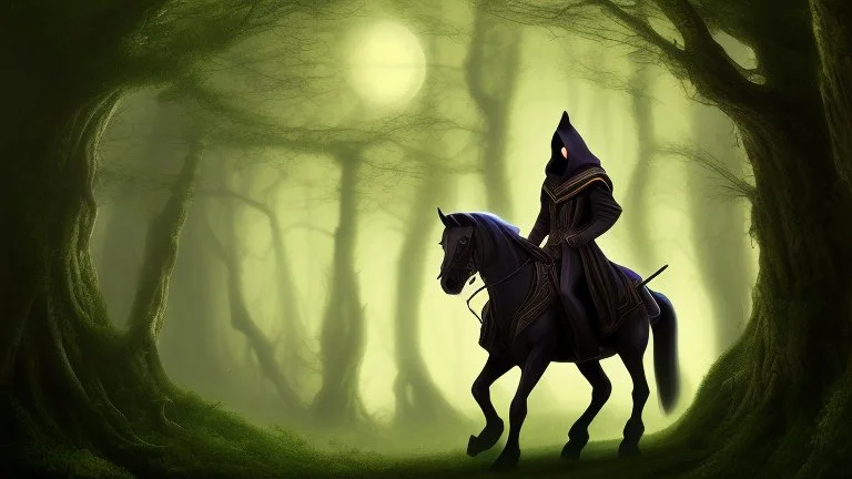 Dark robed wizard on a horse in the forest