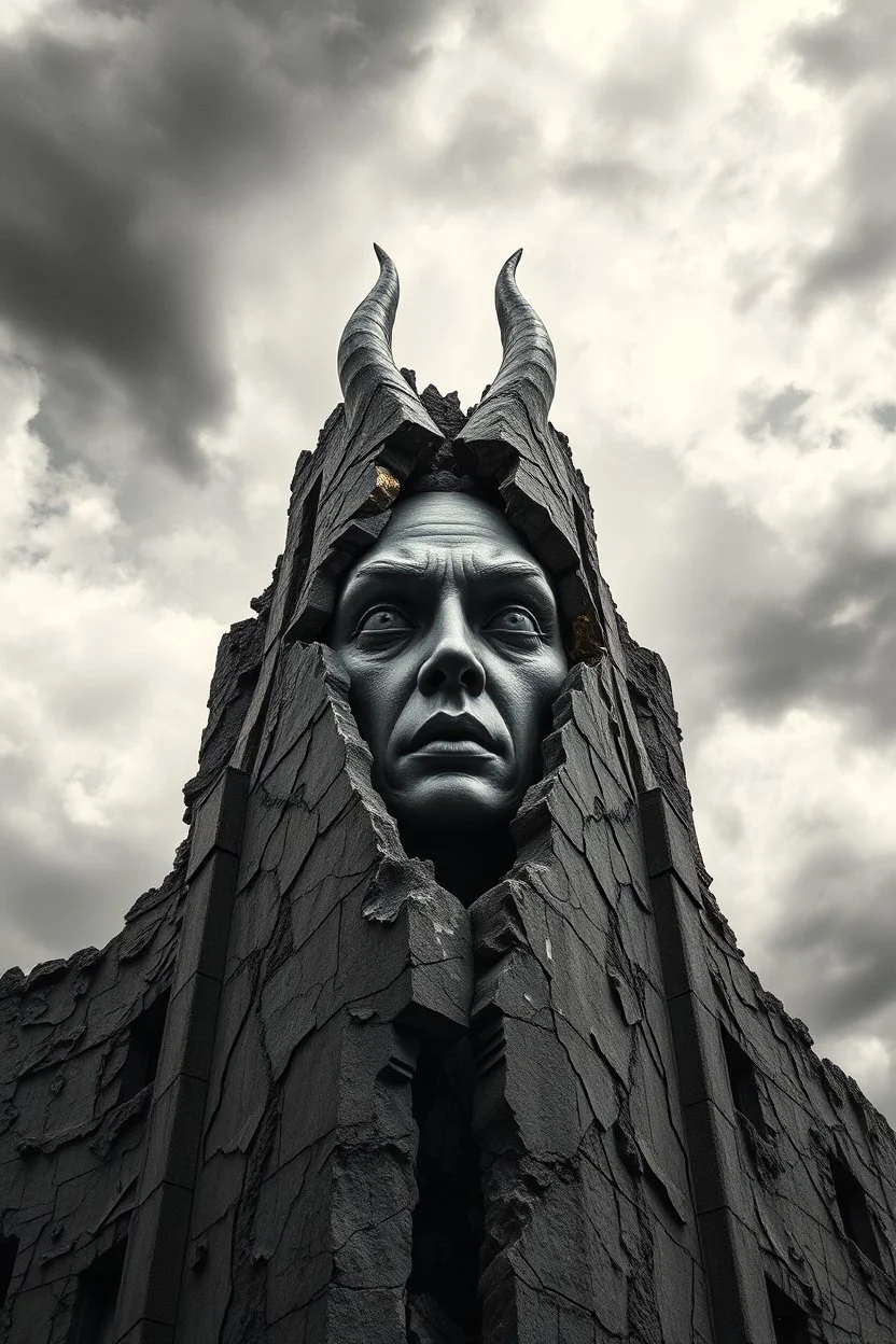 surrealis monochrome A fragmented, surreal sculpture liguid color of photorealistic image 3d,psychedelic art glossy emerging from devilish a crumbling building. The face appear and intricate details, evoking a haunting expression. with the gold mengkilat cracks, set against a backdrop of stormy, cloud-filled skies. bauhaus art The overall tone is dark and moody, suggesting themes of decay and transformation.