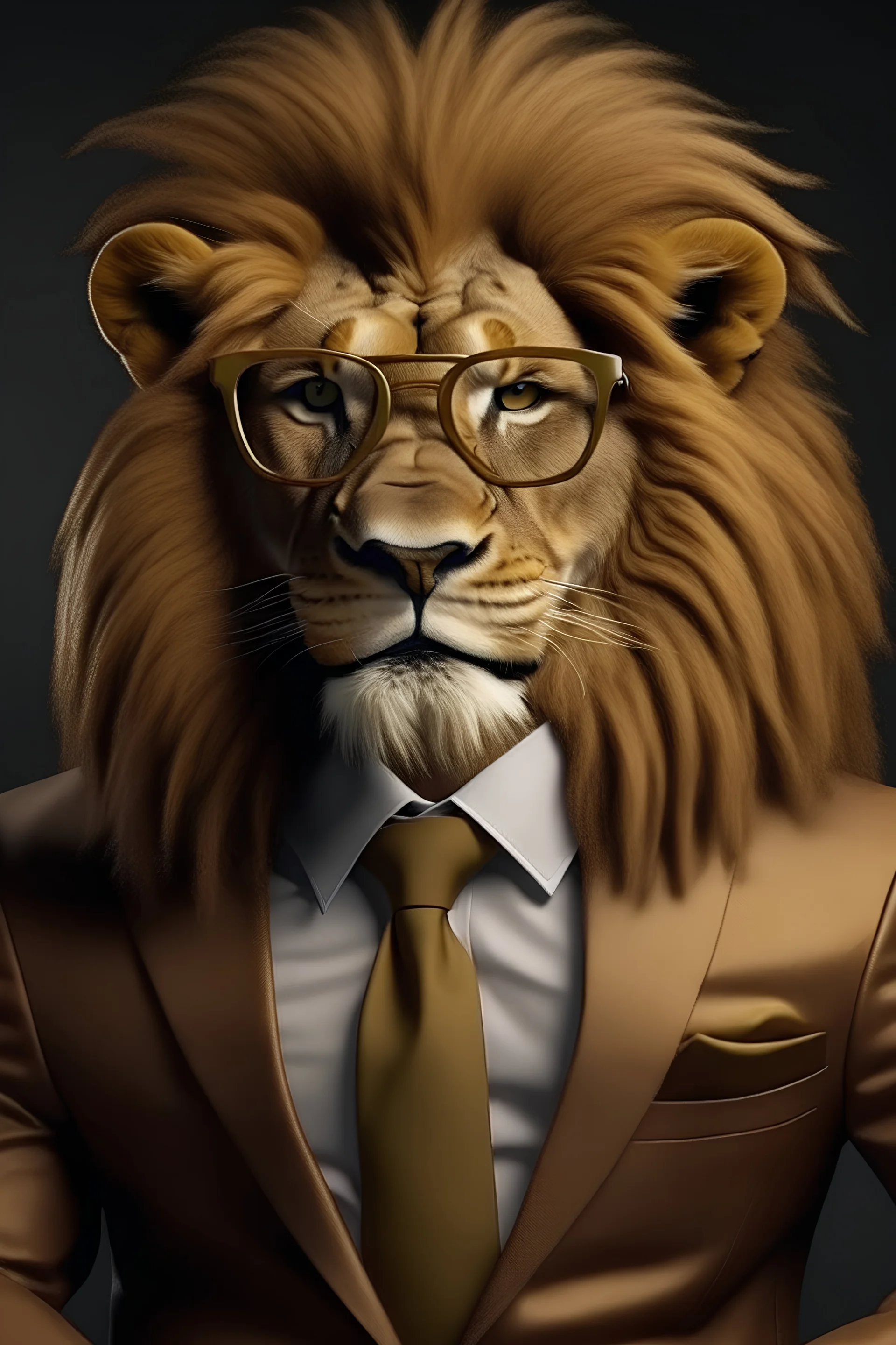 A lion wearing a suit, pants and gold glasses